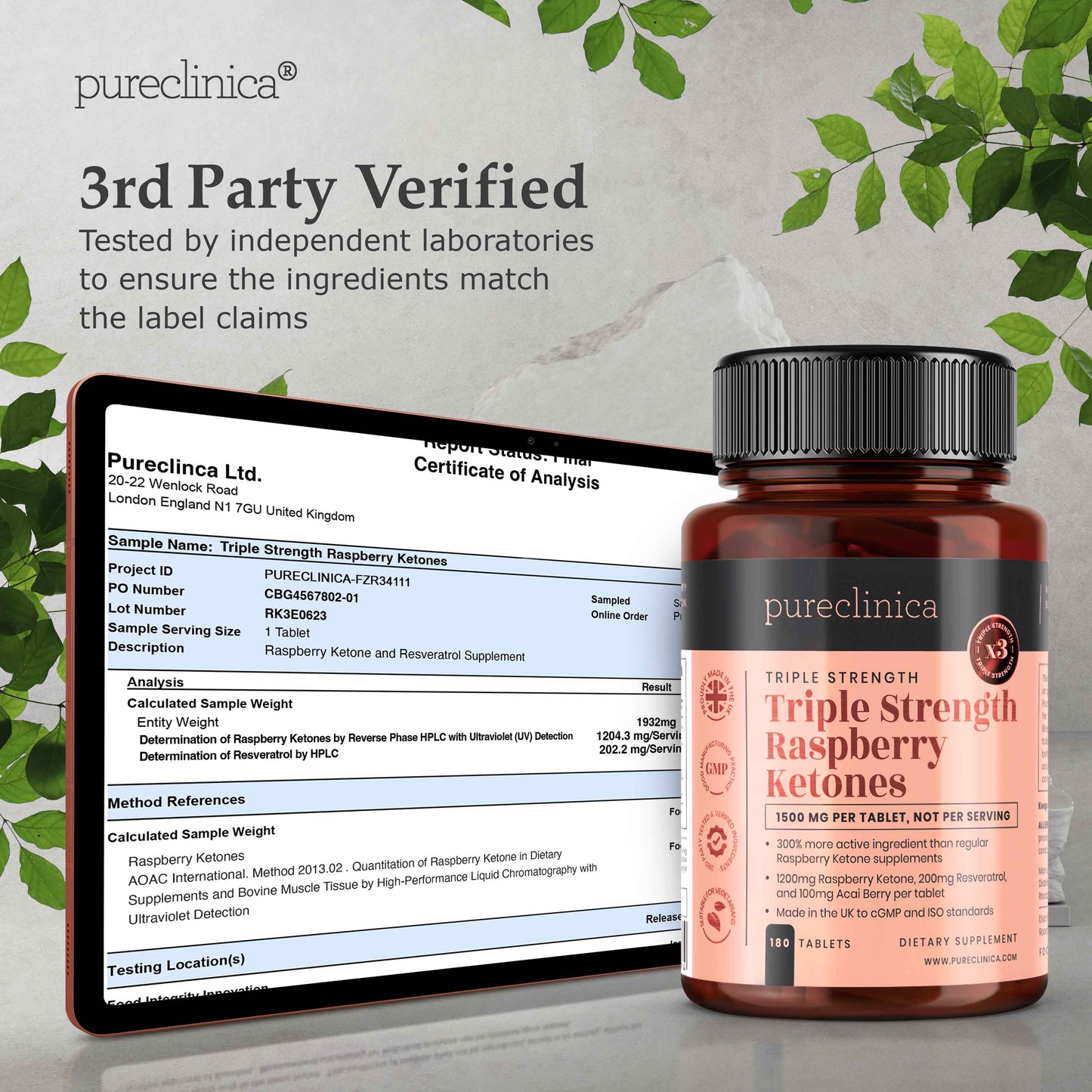 Triple Strength Raspberry Ketones (1500mg x 180 tablets) - with Acai and Resveratrol