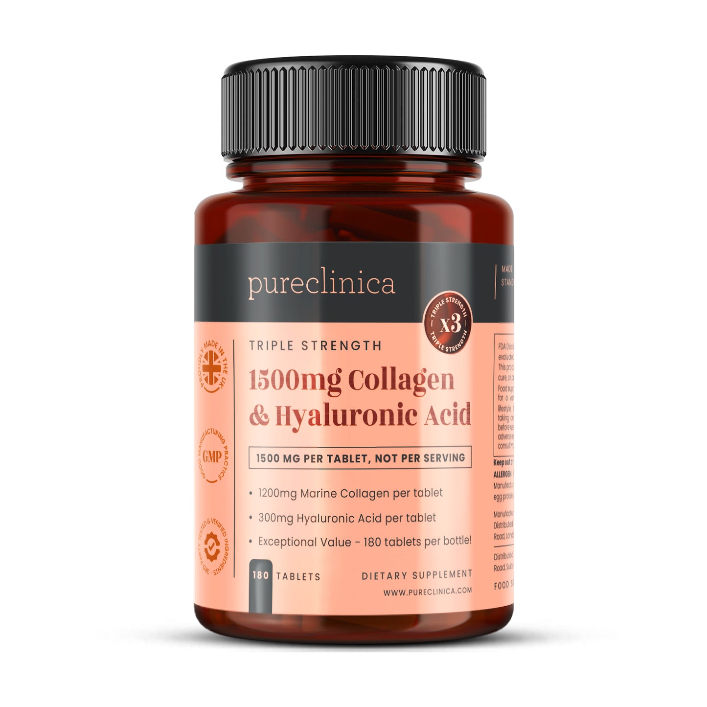 Triple Strength Collagen AND Hyaluronic Acid - 1500mg x 180 tablets (1200mg collagen, 300mg HA in one tablet)