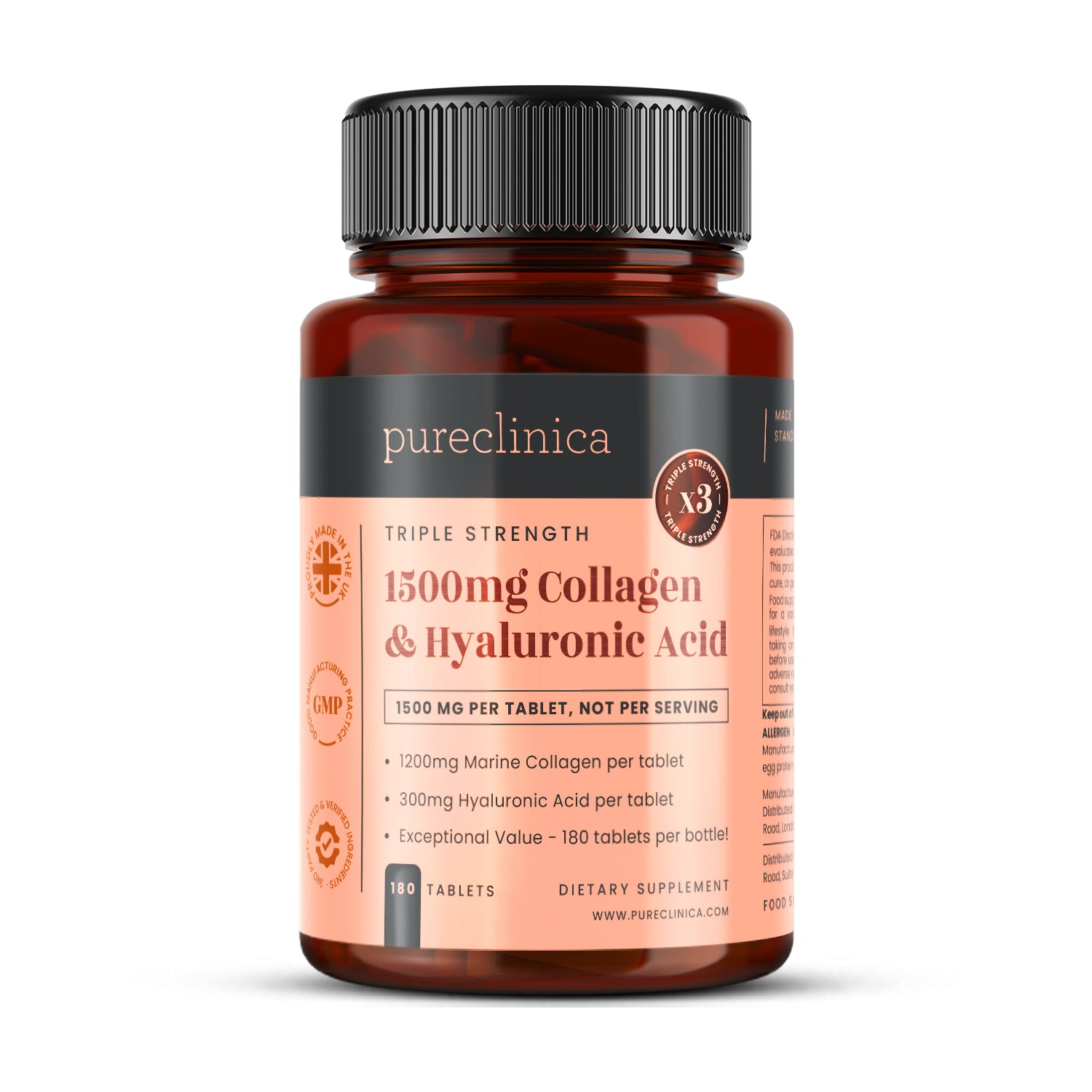 Triple Strength Collagen AND Hyaluronic Acid - 1500mg x 180 tablets (1200mg collagen, 300mg HA in one tablet)