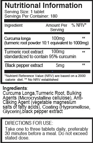 Turmeric & 95% Curcumin 1105mg x 180 tablets