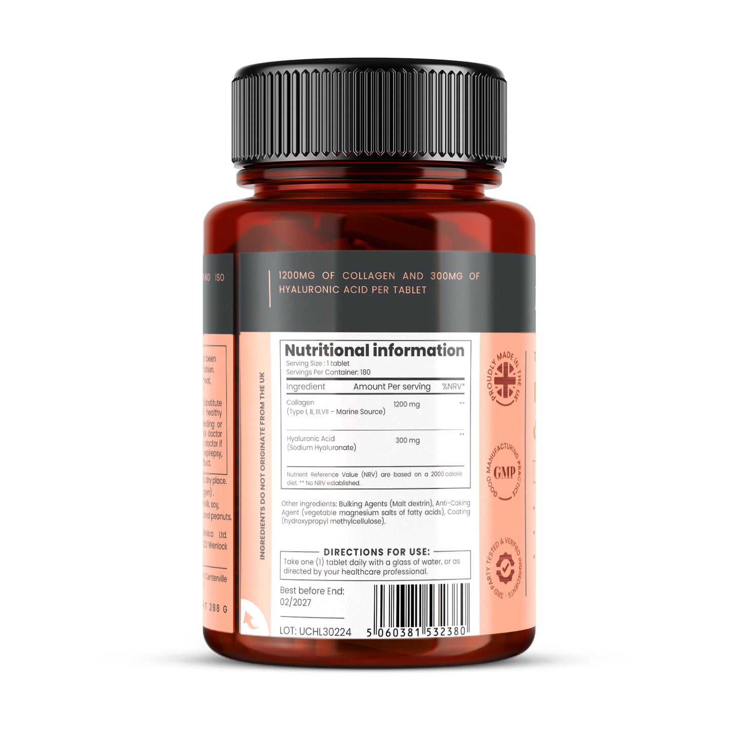 Triple Strength Collagen AND Hyaluronic Acid - 1500mg x 180 tablets (1200mg collagen, 300mg HA in one tablet)