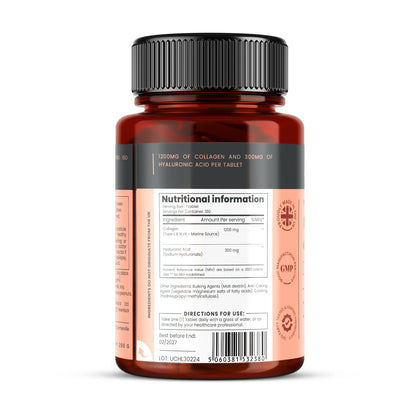 Triple Strength Collagen AND Hyaluronic Acid - 1500mg x 180 tablets (1200mg collagen, 300mg HA in one tablet)