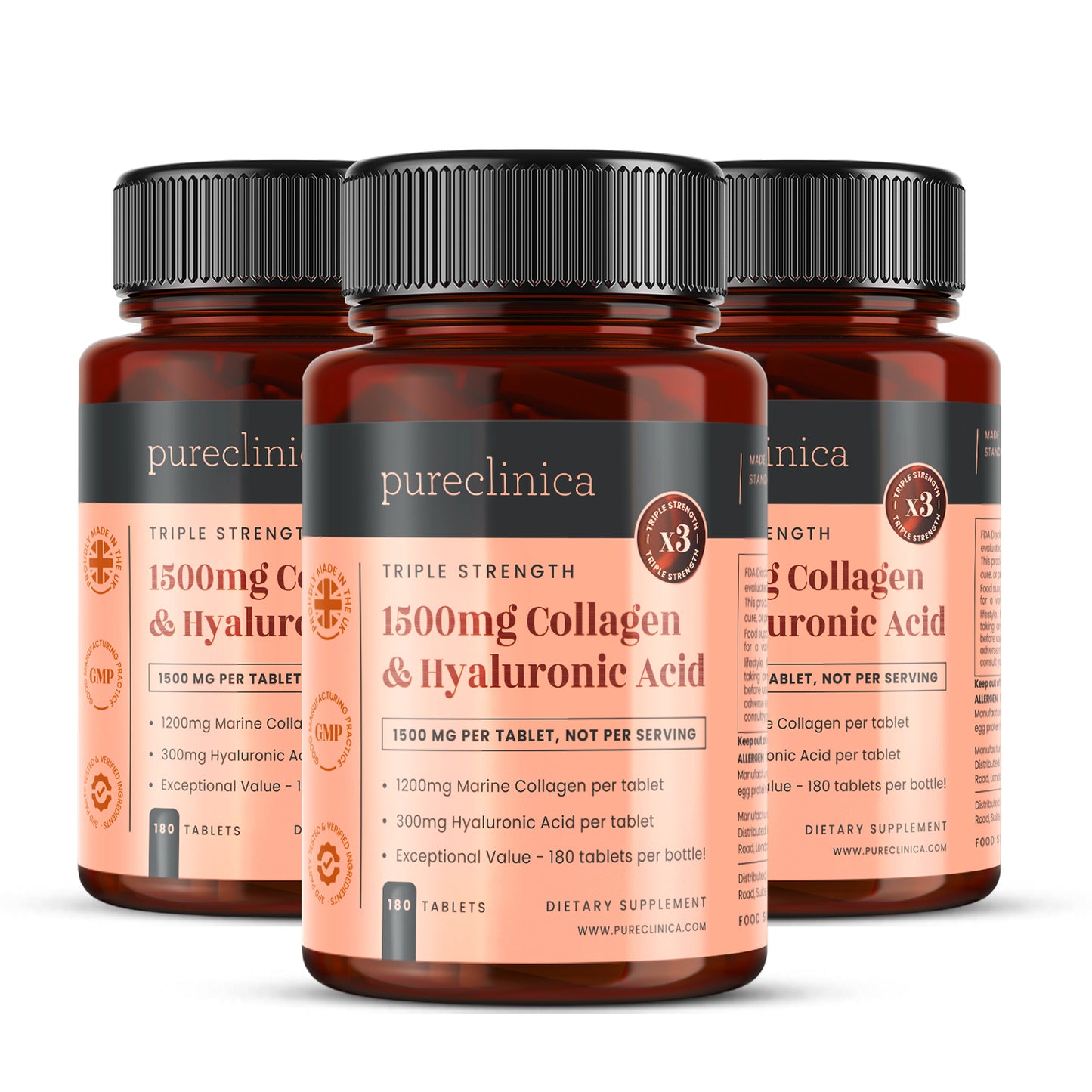 Triple Strength Collagen AND Hyaluronic Acid - 1500mg x 180 tablets (1200mg collagen, 300mg HA in one tablet)