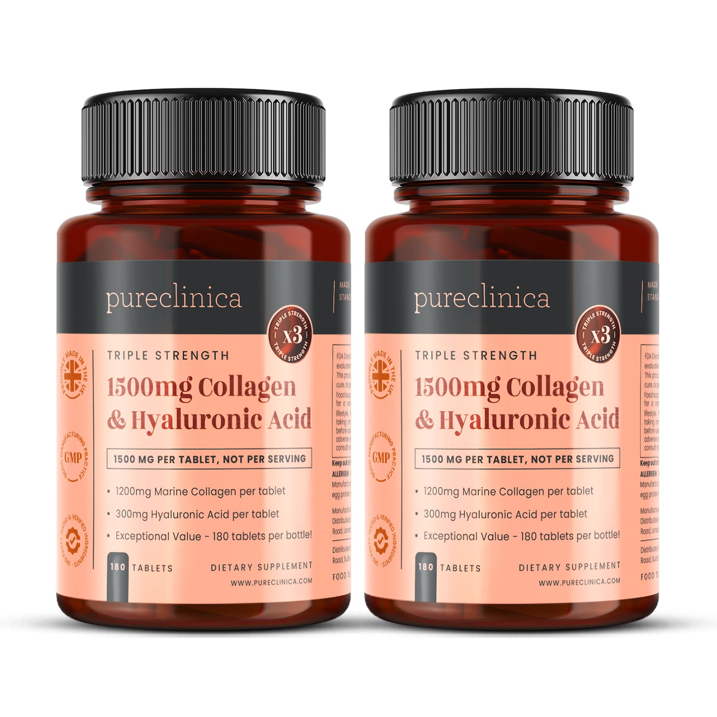 Triple Strength Collagen AND Hyaluronic Acid - 1500mg x 180 tablets (1200mg collagen, 300mg HA in one tablet)