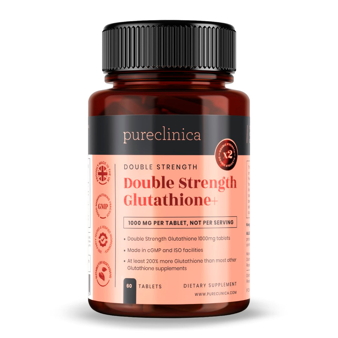 Double strength Glutathione - 1000mg x 60 tablets. 500mg Reduced Glutathione with 300mg Alpha Lipoid Acid and 200mg Vitamin C per tablet pureclinica.com Double strength Glutathione - 1000mg x 60 tablets. 500mg Reduced Glutathione with 300mg Alpha Lipoid Acid and 200mg Vitamin C per tablet pureclinica.com