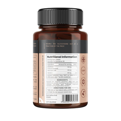 Double strength Glutathione - 1000mg x 60 tablets. 500mg Reduced Glutathione with 300mg Alpha Lipoid Acid and 200mg Vitamin C per tablet pureclinica.com Double strength Glutathione - 1000mg x 60 tablets. 500mg Reduced Glutathione with 300mg Alpha Lipoid Acid and 200mg Vitamin C per tablet pureclinica.com