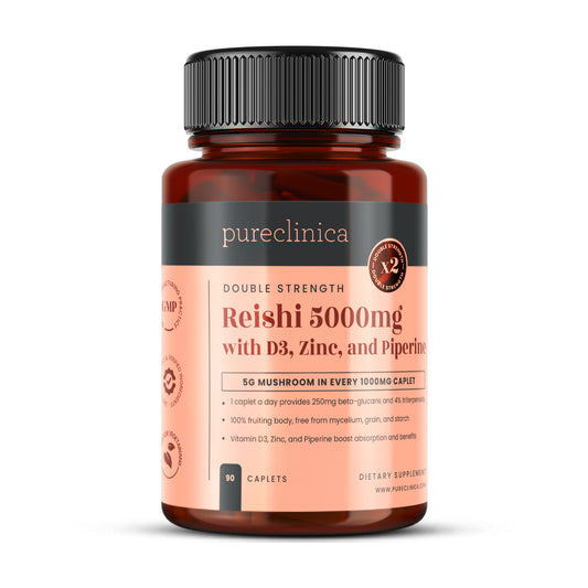 Vitamins bottle labeled 'pureclinica' with Reishi 5000mg on a white background