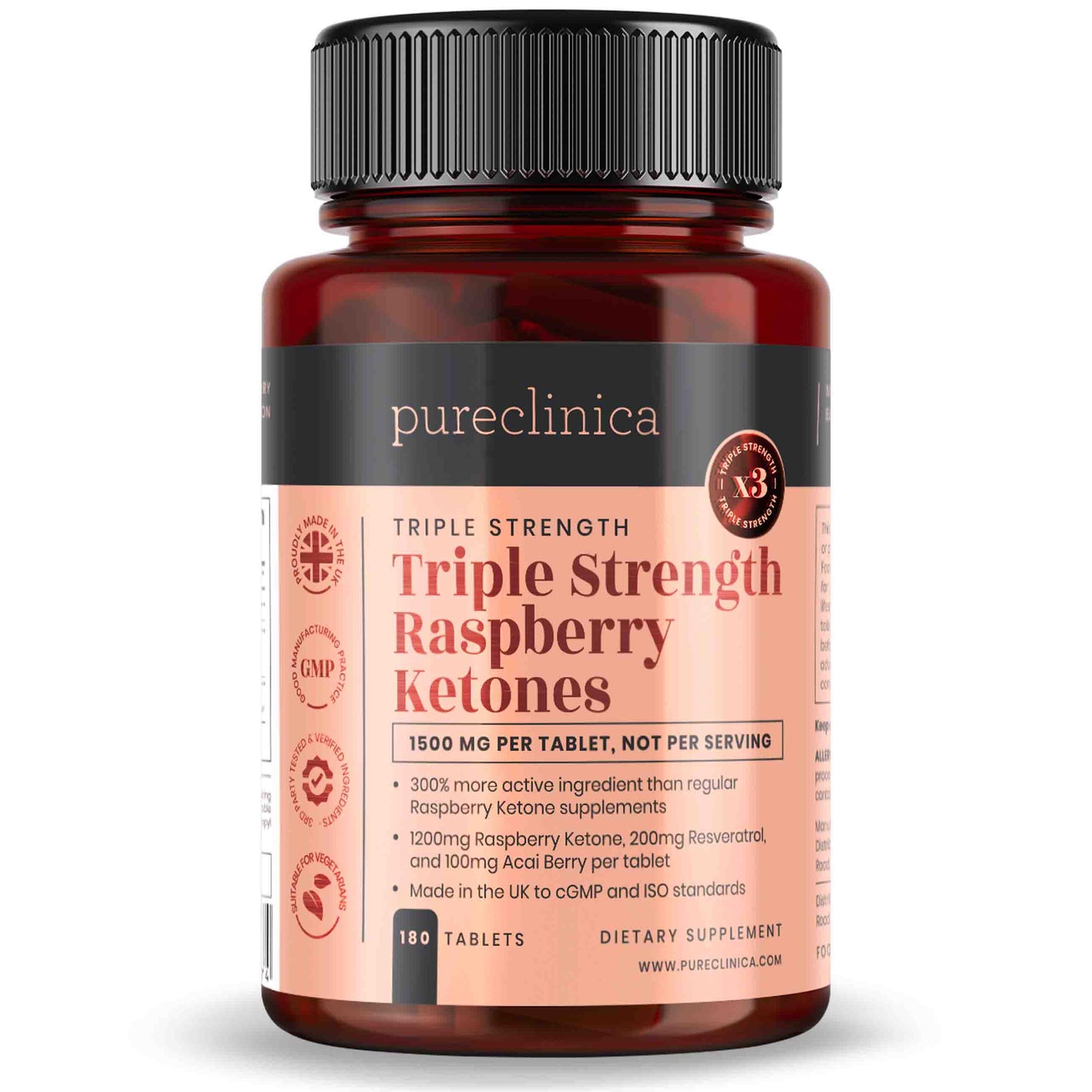 Triple Strength Raspberry Ketones (1500mg x 180 tablets) - with Acai and Resveratrol