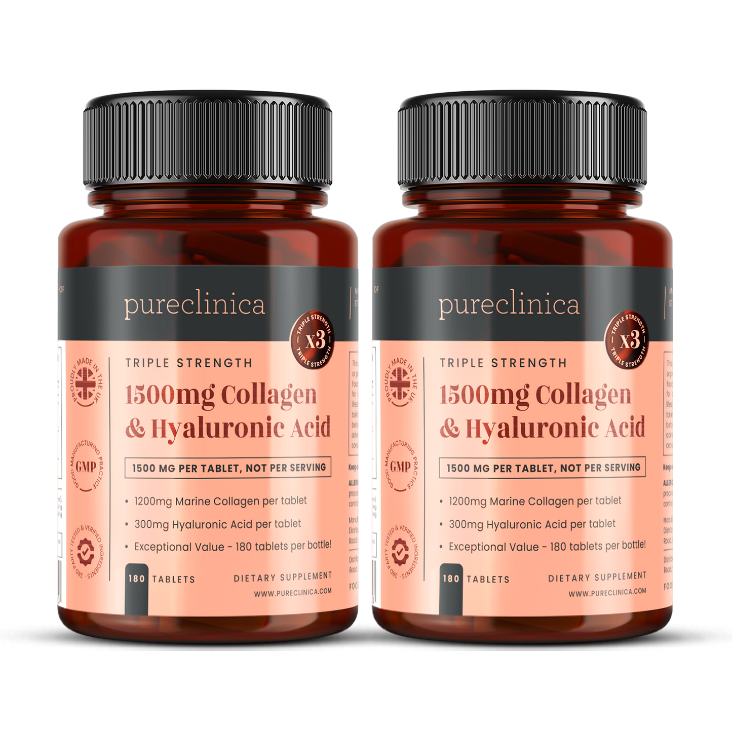 Triple Strength Collagen AND Hyaluronic Acid - 1500mg x 180 tablets (1200mg collagen, 300mg HA in one tablet)