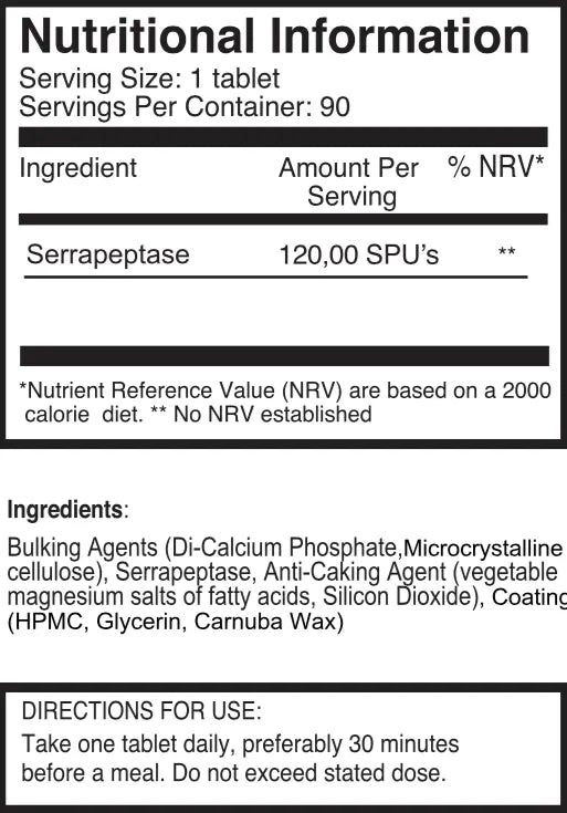 Double Strength Serrapeptase Tablets - 120,000 SPUs, 90 Tablets