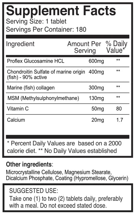 UltraFlex Diamond - 180 Tablets, 1500mg Glucosamine, Chondroitin, Collagen, Vitamin C | Ingradients