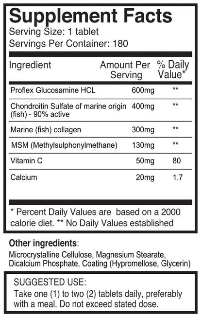 UltraFlex Diamond - 180 Tablets, 1500mg Glucosamine, Chondroitin, Collagen, Vitamin C | Ingradients