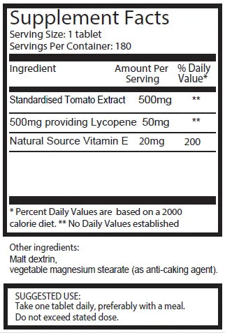 Triple Strength Lycopene 50mg Tablets - 180 Count Bottle | Ingradients