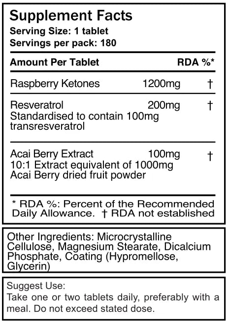 Triple Strength Raspberry Ketones with Acai and Resveratrol - 180 Tablets | ingredients