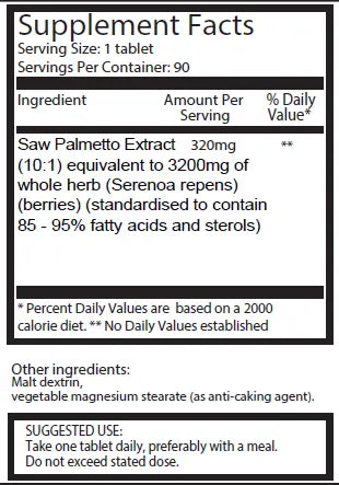 Saw Palmetto 3200mg - High Potency Tablets, 90 Count | Ingradients