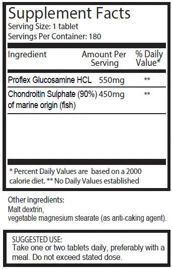 Glucosamine and Chondroitin 1000mg Tablets - 180 Count Bottle | Ingradients