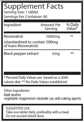 Resveratrol 1000mg 90 Tablets - 50% Trans-Resveratrol | Ingradients