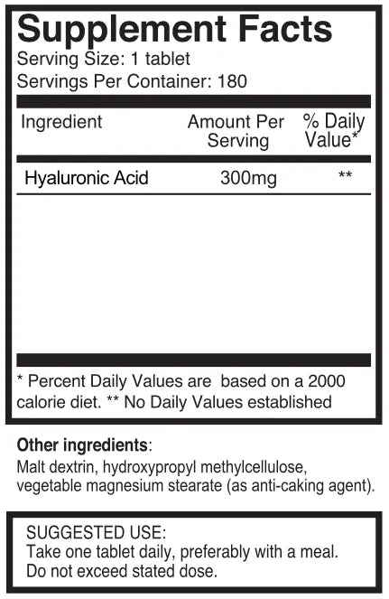 Triple Strength Hyaluronic Acid - 300mg x 180 Tablets - Natural Joint Support ingreidents