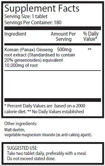 Korean Panax Ginseng 10,000mg - 180 Tablets | Ingradients