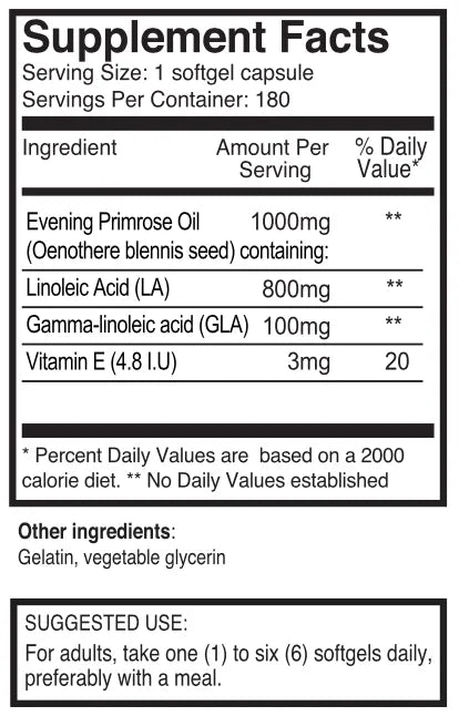 Evening Primrose Oil 1000mg Softgels - 180 Capsules | Ingradients