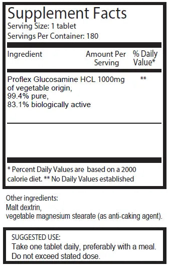 Glucosamine 1000mg 180 Tablets - Pureflex | Ingradients