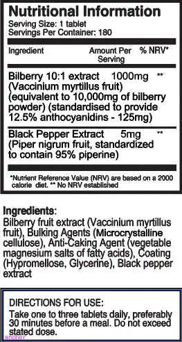 Bilberry Extract 10,000mg Tablets - 180 Count (High Strength)