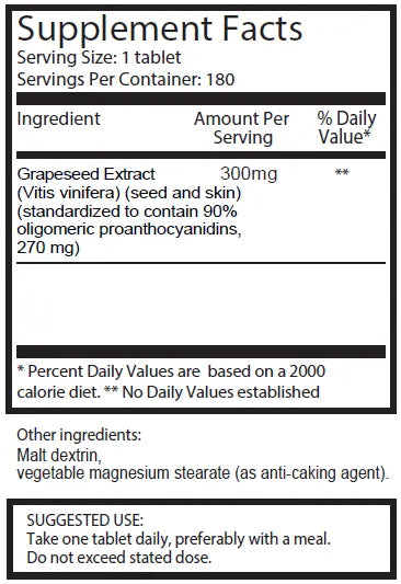 Triple Strength Grape Seed Extract - 300mg x 180 Tablets - High Oligomeric Proanthocyanidins | Ingradients